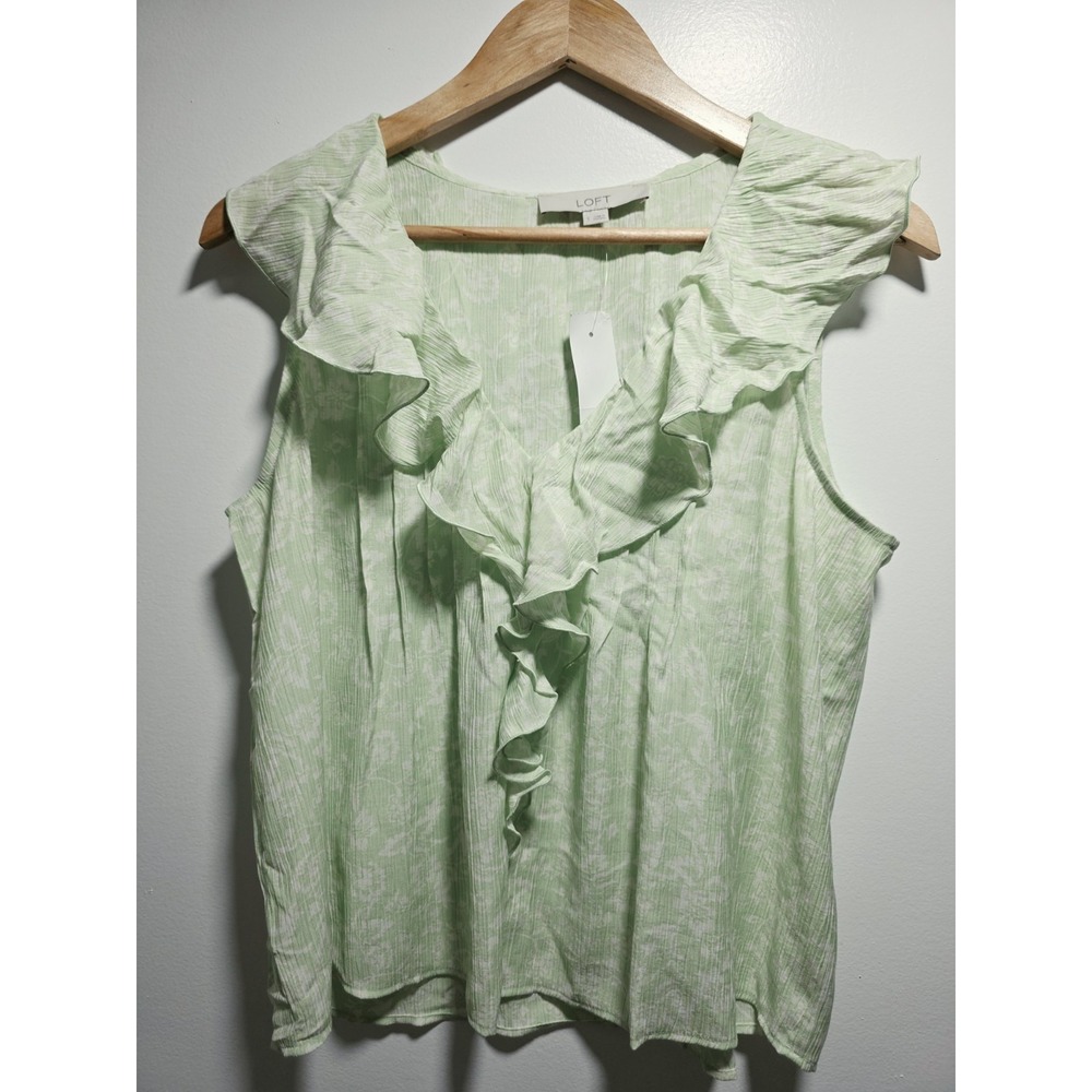 LOFT Women's Top Sleeveless Ruffle V-Neck Blouse Rayon/Nylon Size S Floral Green